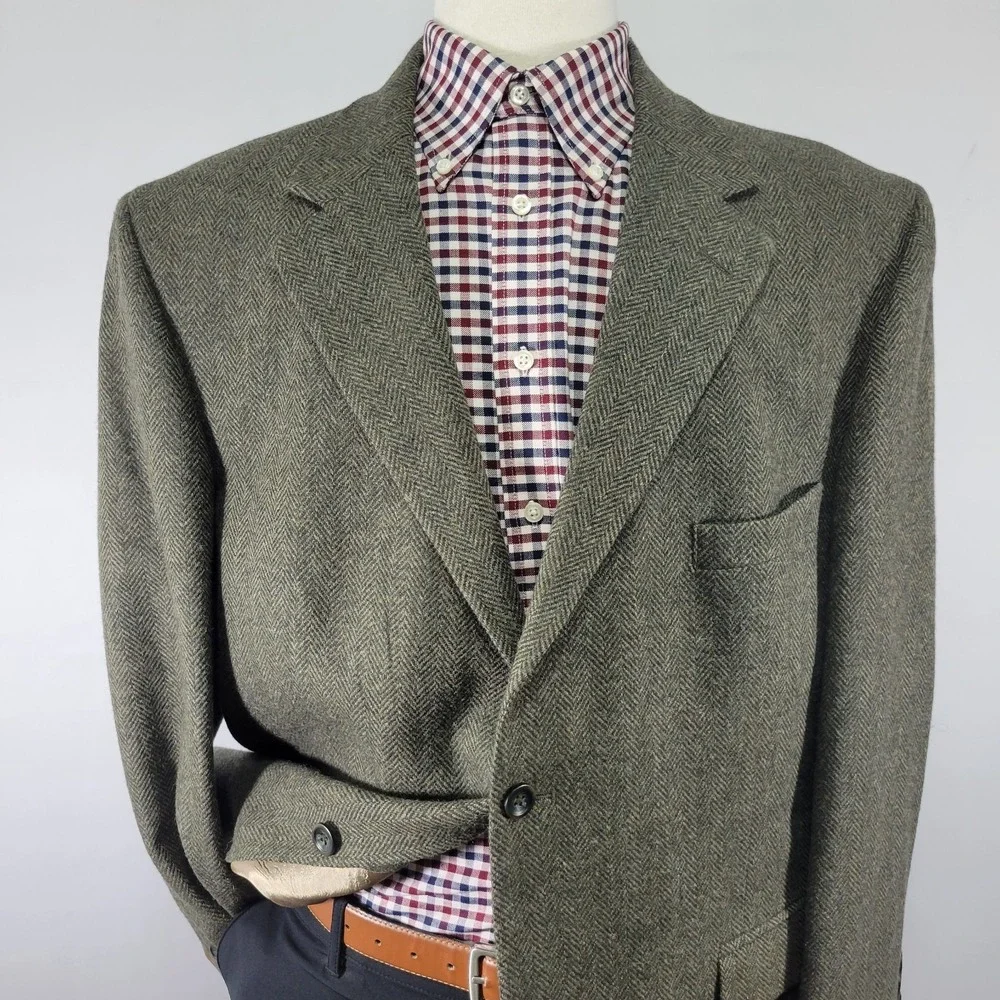 John Ashford Men's Tweed Sport Coat Blazer Two Button Green Herringbone Wool 46R